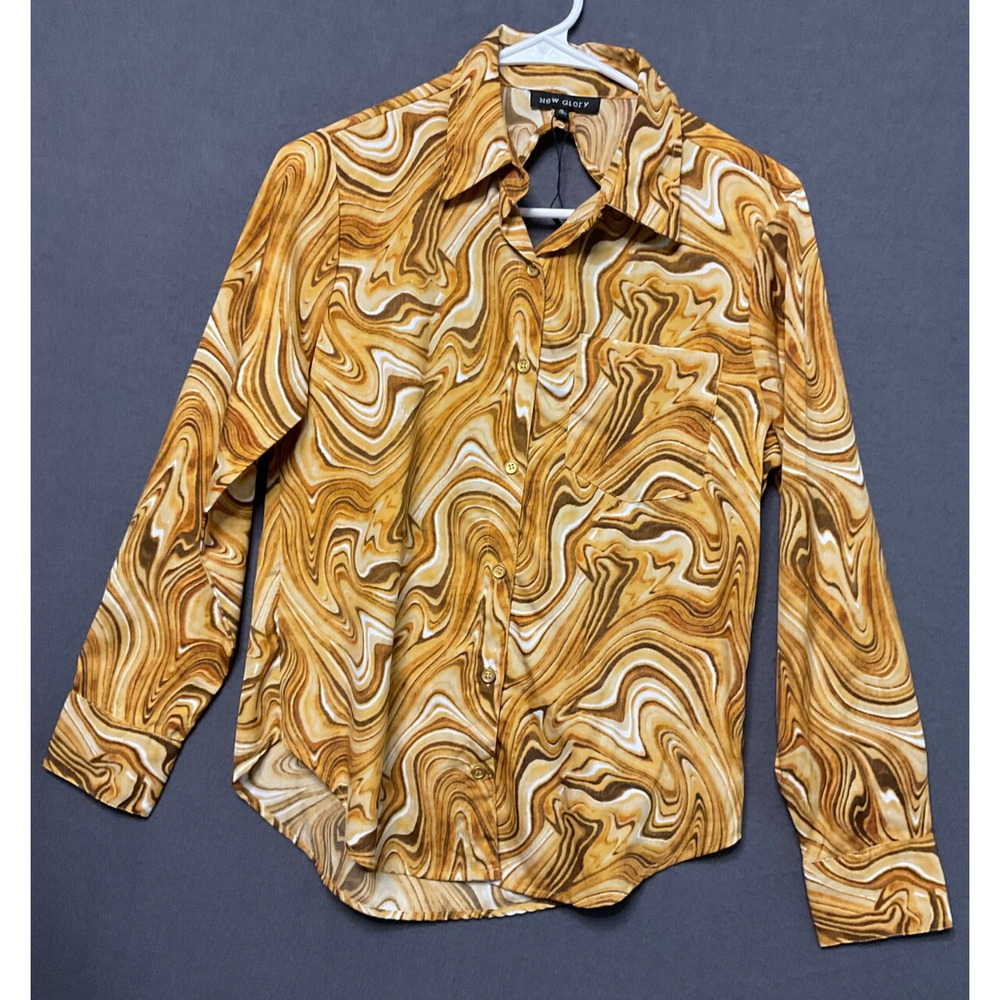 New Glory India Made Marble Swirl Pattern Blouse Small S Button Front Retro‎